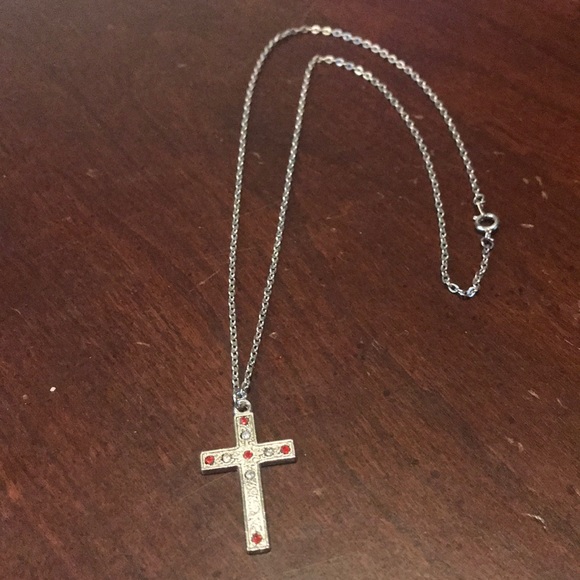 Vintage Lightweight Silvertone Gemstone Cross Necklace - Picture 1 of 7
